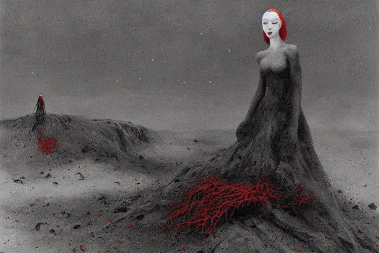 Image similar to a surrealist painting of a lonely woman with pale skin and red hair, standing over pile of bodies in post apocalyptic snowy landscape, painted by zdzisław beksinski