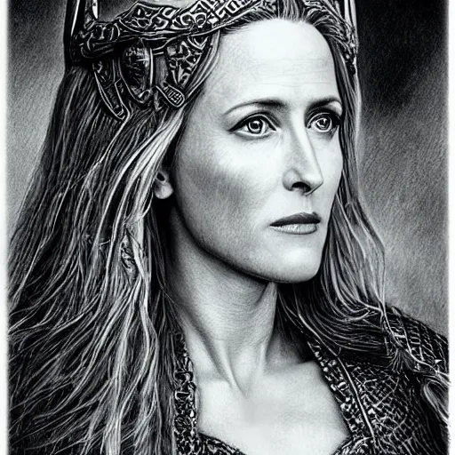 Image similar to hyper realistic pencil drawing of Gillian Anderson as a viking princess, intricate detail, beautiful, battle armor, war, fight, light, dragon, colorful