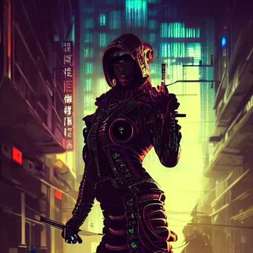 Image similar to portrait of a fierce dangerous cyberpunk hacker cyborg samurai in neotokyo at night, futuristic cyberpunk tokyo night, sci - fi and fantasy, intricate and very beautiful, highly detailed, digital painting, artstation, concept art, smooth and sharp focus, illustration, art by tian zi and wlop and alphonse mucha