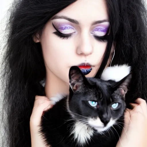 Prompt: a girl with long messy dark hair, messy goth make - up, shiny eyes, holding a cat in her arms, a stock photo by juan villafuerte, pexels contest winner, high quality photo, rtx, hd, rasquache