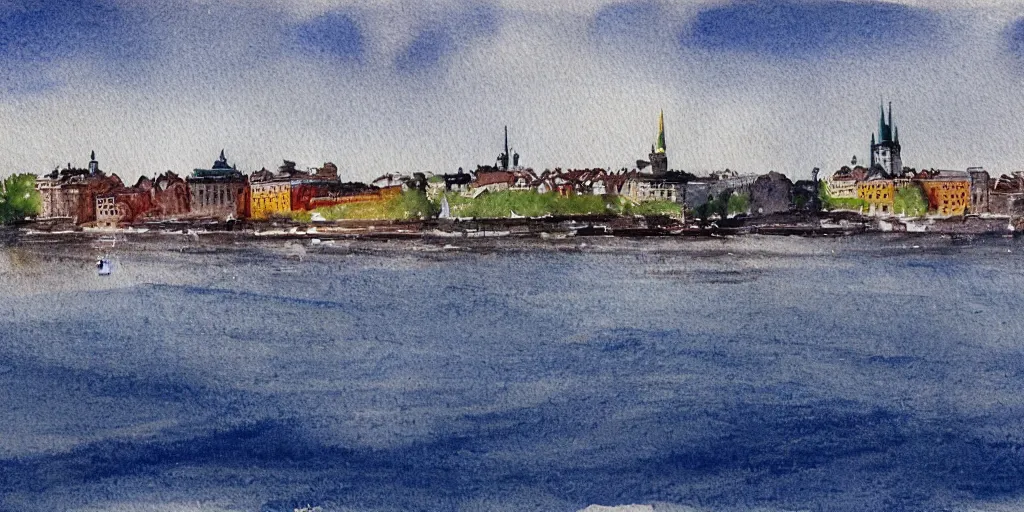 Image similar to Stockholm seen from the sea, realistic watercolour