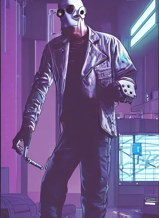 Image similar to cyberpunk bank robber. portrait by stonehouse and mœbius and will eisner and gil elvgren and pixar. realistic proportions. dystopian. cyberpunk 2 0 7 7, apex, blade runner 2 0 4 9 concept art. cel shading. attractive face. thick lines.