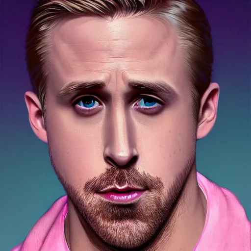 Image similar to ryan gosling doing gay gestures, surprised, mouth open, pink lighting ultra realistic photorealistic highly detailed high quality, a stunningly, digital painting, artstation, concept art, smooth, sharp focus, illustration, art by artgerm and greg rutkowski and alphonse mucha 8 k