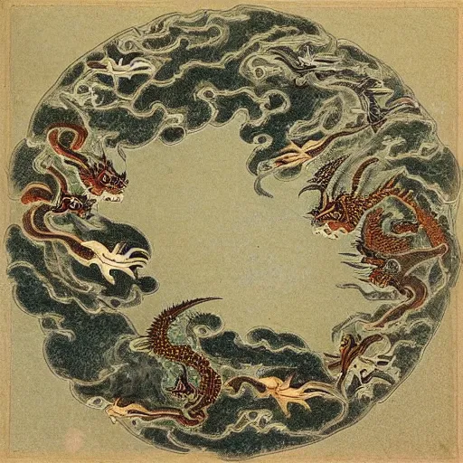 Image similar to ancient earth with multiple dragons flying in the sky