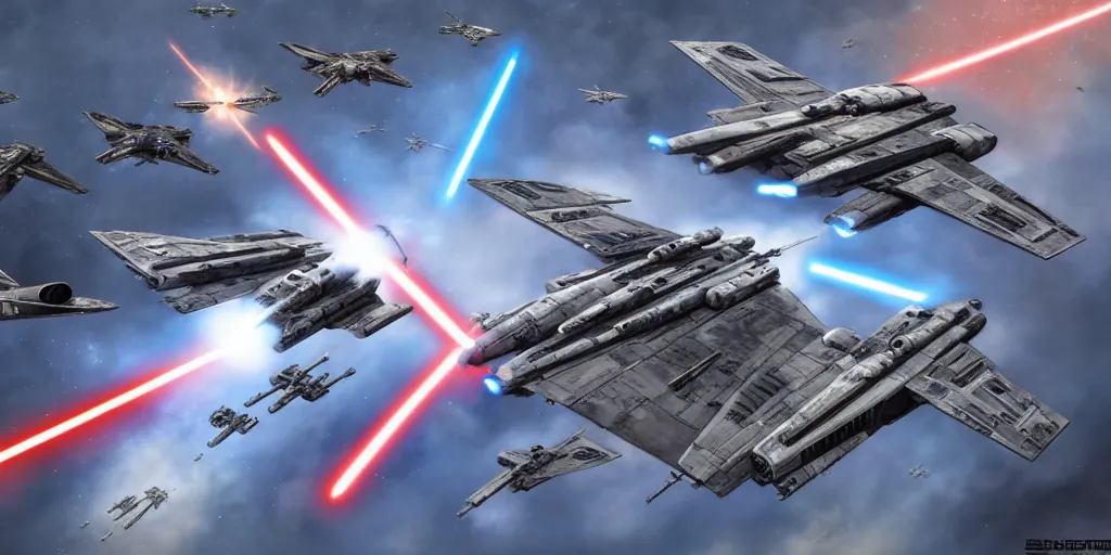 Image similar to Star Wars vs the US Air Force, fighting, planes, battlefield, trending on art station, epic battle, intense battle, large scale battle, Star War Army, United States Air Force , infantry, 8k