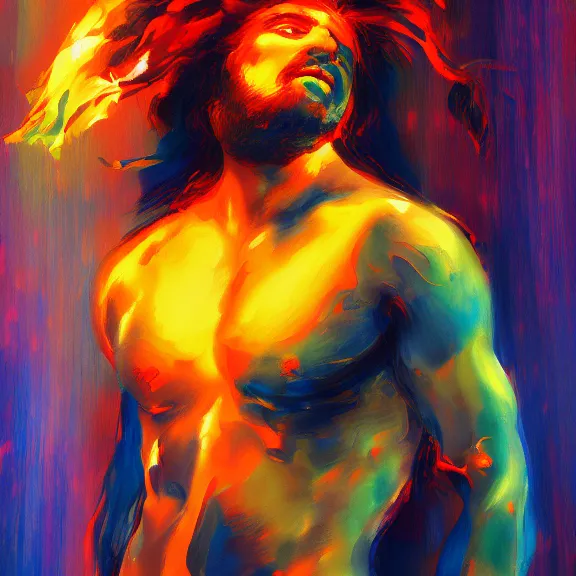 Image similar to abstract painting of man on fire. Handsome. Long hair. portrait. ArtStation. Impressionist