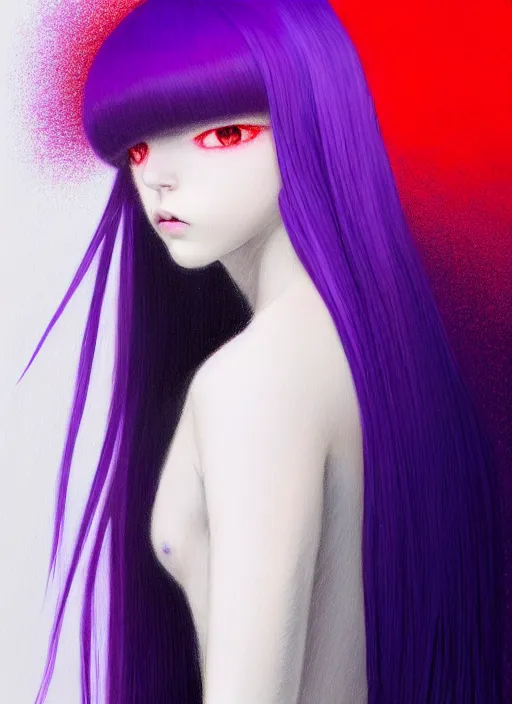 Image similar to hair whitebangs hair, black hair, whitebangs, portrait of teenage girl with white bangs, red irises, purple clothes, white bangs, bangs are different color from hair, intricate, elegant, glowing lights, highly detailed, digital painting, artstation, concept art, smooth, sharp focus, illustration, art by wlop, mars ravelo and greg rutkowski