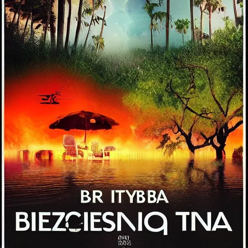 Prompt: a poster for a holiday in ibiza, the island is partially flooded due to global warming, a forest is burning, realistic, dystopian