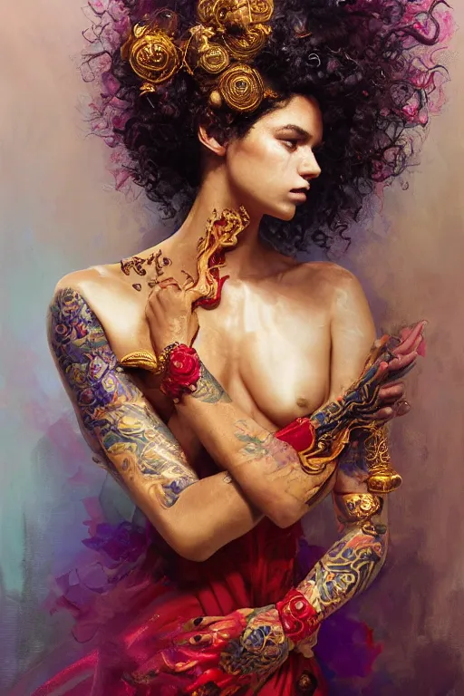 Image similar to an epic painting of a 1 9 years old girl figure, curly messy high bun hairstyle, oriental tattoos, subject wearing a gold and ruby high fashion gown, flowing, ornate, beautiful, dramatic earth colors, with few vivid purple highlights, symmetrically isometrically centered, by jeremy mann and greg rutkowski, artstation, oil on canvas