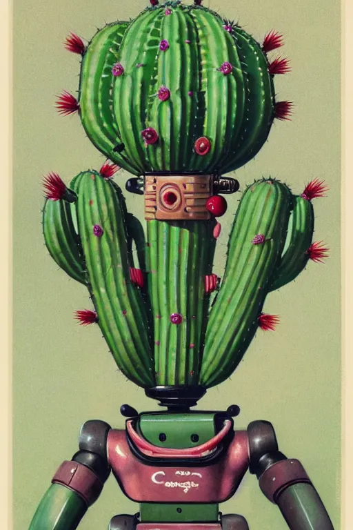 Prompt: long shot of a 1950s retro Cactus robot, with space above the head. Bionic cacti Arms and eyes. pop surrealism, muted colours. by Jean-Baptiste Monge, wide shot