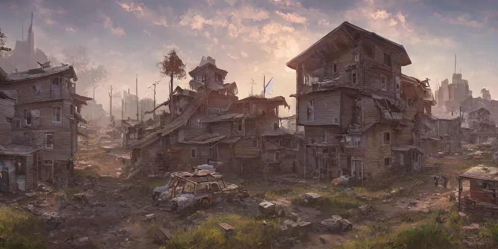 Prompt: a busy and thriving settlement that has been built by survivors in a post apocalyptic world in the style of Sylvain Sarrailh, beautiful digital art, cinematic composition, detailed, concept art, Matt painting, oil painting, high res