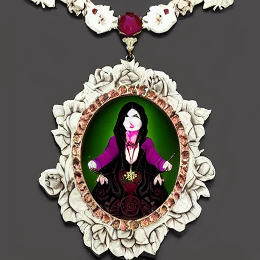 Prompt: vampire queen on throne with burgundy roses and holes with gemstones as an artnouveau necklace
