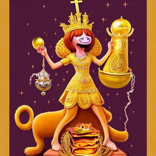 Image similar to fullbody!! personification of garfield the cat as a goddess holding lasagna wearing a crown of gleaming gems, stunning, hyperrealistic, trending on artstation, smooth and sharp, intricate, fine details, elegant, religious, dynamic pose, detailed and intricate environment, professional character concept art by tatyana kupriyanova and greg rutkowski and raymond swanland