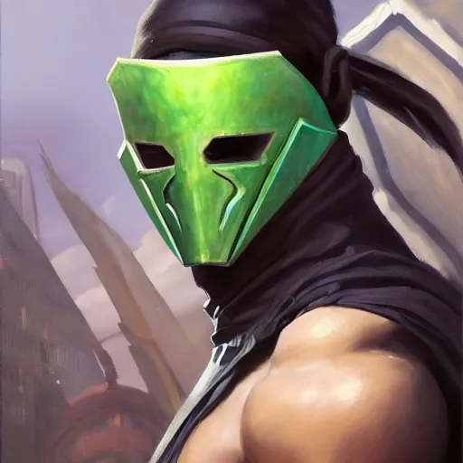 Image similar to greg manchess portrait painting of partially armored jade from mortal kombat wearing a half mask as overwatch character, medium shot, asymmetrical, profile picture, organic painting, sunny day, matte painting, bold shapes, hard edges, street art, trending on artstation, by huang guangjian and gil elvgren and sachin teng