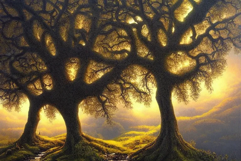 Image similar to masterpiece painting of oak trees on a hillside overlooking a creek, dramatic lighting, by andrew ferez