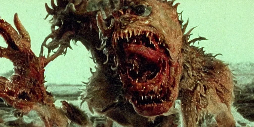 Prompt: filmic extreme closeup dutch angle movie still 4k UHD interior 35mm film color photograph of a man's hand being mutilated by a grotesque snarling chimera creature from The Thing in 1982