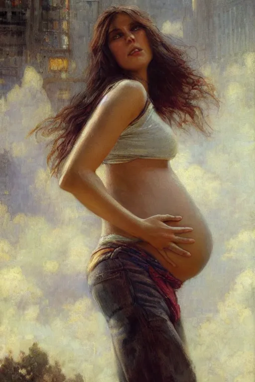 Image similar to pregnant woman in t-shirt by Gaston Bussiere. full-shot, urban dystopia, hyper realism, realistic proportions, dramatic lighting, high detail 4k