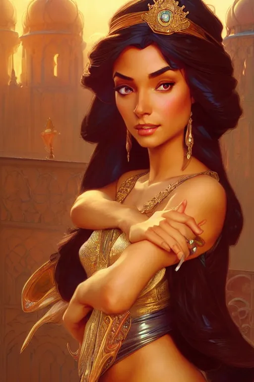 Image similar to Princess Jasmine, fantasy, intricate, elegant, highly detailed, digital painting, artstation, concept art, matte, sharp focus, illustration, art by Artgerm and Greg Rutkowski and Alphonse Mucha