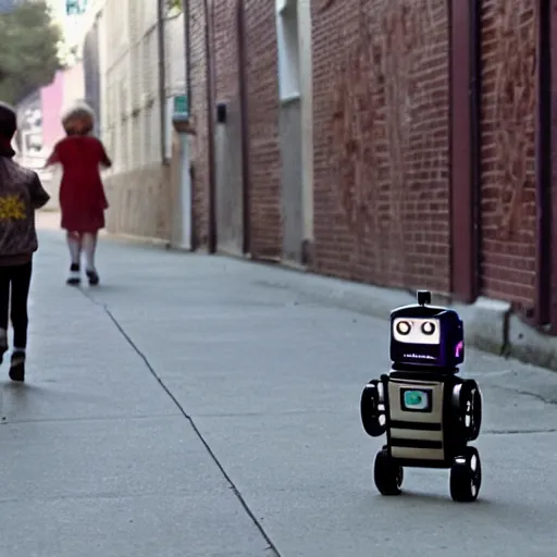 Prompt: in the style of 1960s, scary robot is chasing kids down the ally