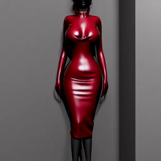 Image similar to a curvy pale goth woman wearing a royal elegant tight dark red multilayered latex high-neck dress, cgsociety, photorealistic, sublime-cool-hot-hyperadvanced, 16k, smooth, sharp focus, trending on ArtStation, volumetric lighting, fully clothed, thin waist