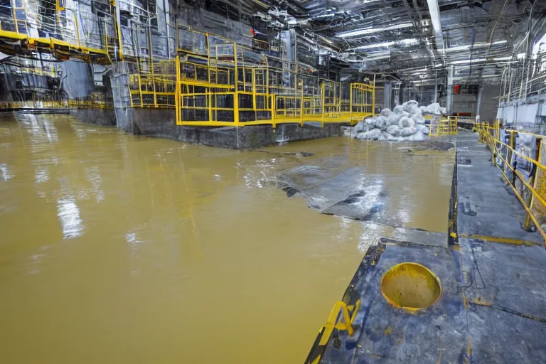 Prompt: photo of a waste facility, catwalks and yellow pools of sludge