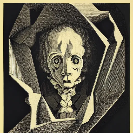 Image similar to lithography on paper secret artifact conceptual figurative post - morden monumental dynamic portrait by goya and escher and hogarth, illusion surreal art, highly conceptual figurative art, intricate detailed illustration, controversial poster art, polish poster art, geometrical drawings, no blur