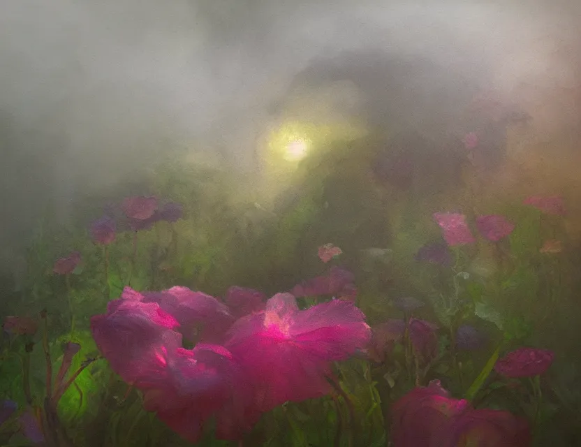 Image similar to amorphous, gooey life form covering a cottage garden in a beautiful foggy morning. oil painting, indie concept art, bloom, chiaroscuro, backlighting, intricate details, depth of field.