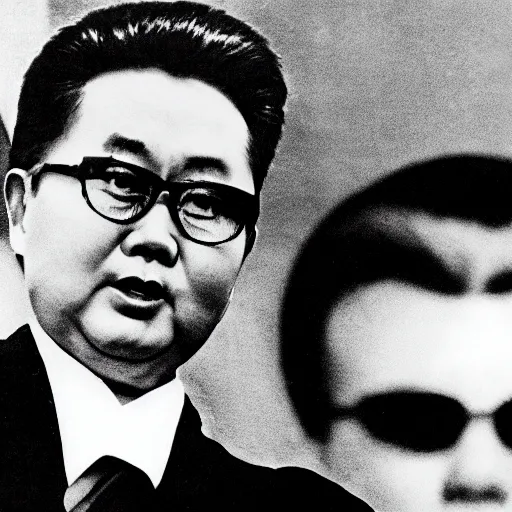 Prompt: A filmstill of Kim Jong-il looking upwards towards a movie screen projecting monster movies, cinemascope