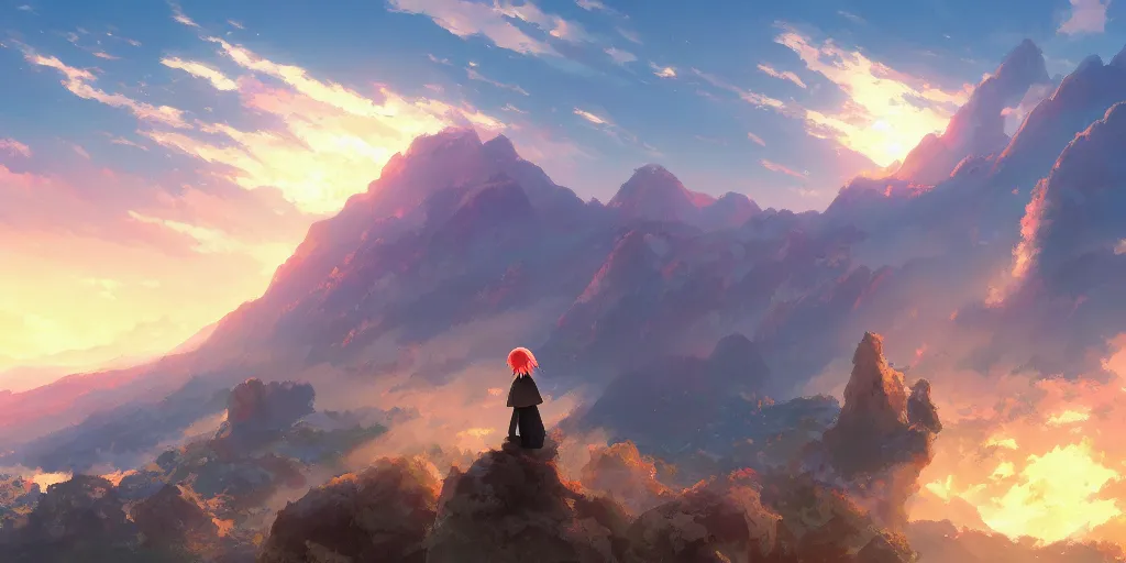 Image similar to anime character watching a landscape with mountains, sky is burning, hyperrealistic, trending on pixiv fanbox, painted by greg rutkowski makoto shinkai takashi takeuchi studio ghibli, akihiko yoshida