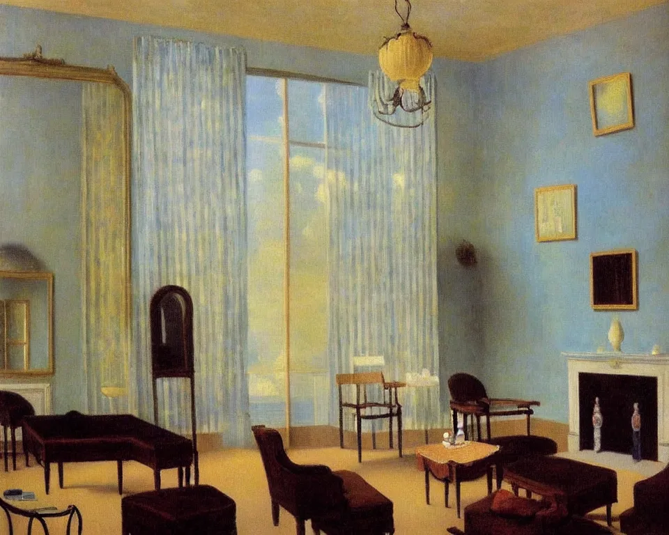 Image similar to achingly beautiful painting of a sophisticated, well - decorated, modern parlor by rene magritte, monet, and turner. whimsical.