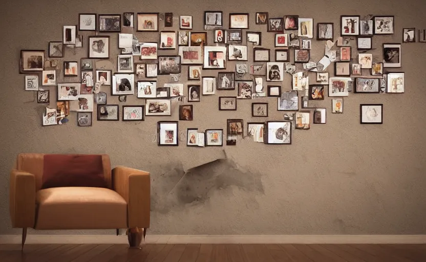 Image similar to story book illustration of a wall with family pictures, brown colors