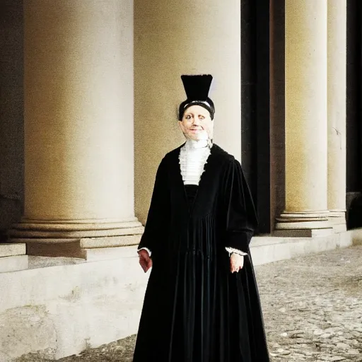 Image similar to photo of a french lawyer wearing a french black court dress, contemporary, color, award - winning, realistic