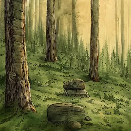 Prompt: lonely wooden haynka in the middle of pine forest glade Carpathian forests europe, Nice colour scheme, soft warm colour. Studio Gibli. Beautiful detailed watercolor by Lurid. (2022)