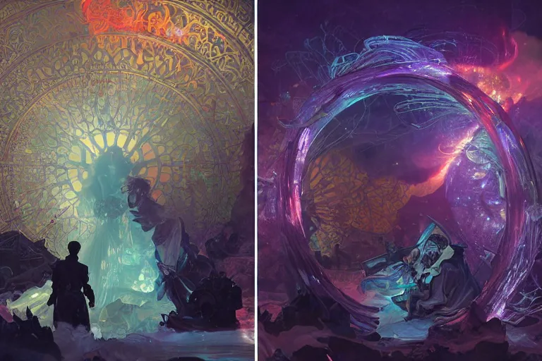 Image similar to arcs of purple flame intertwined with glowing sparks, glinting particles of ice, dramatic lighting, steampunk, bright neon, secret holographic cyphers, red flowers, solar flares, intricate art by alphonse mucha and greg rutkowski and ruan jia