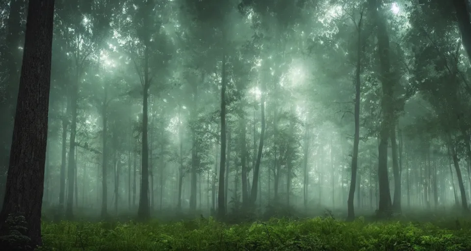 Prompt: a magical forest, thick fog, dark, fireflies flying and glowing, big trees, epic lighting, magical, cinematic 4K