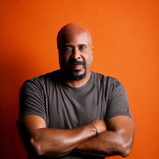 Prompt: portrait of a bald middle aged black man with a goatee and orange shirt, photo by annie leibowitz