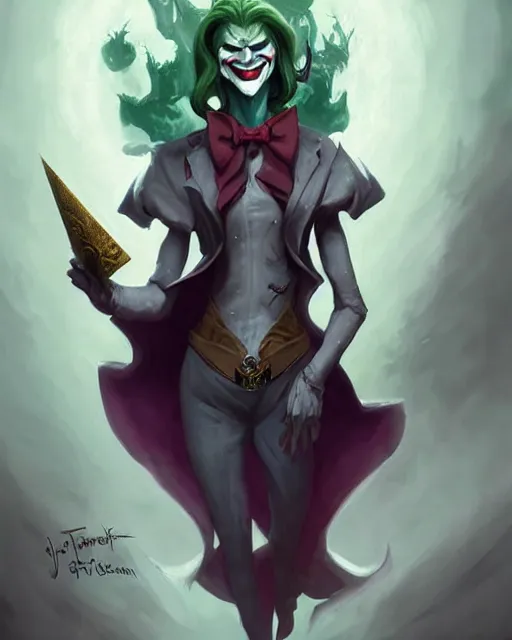 Image similar to Joker, pretty, beautiful, DnD character art portrait, matte fantasy painting, DeviantArt Artstation, by Jason Felix by Steve Argyle by Tyler Jacobson by Peter Mohrbacher by Q Hayashida by Vivziepop, cinematic lighting