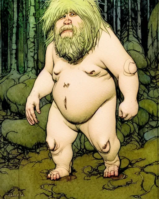 Image similar to a realistic and atmospheric watercolour fantasy character concept art portrait of a short fat chibi albino bigfoot in the forest. by rebecca guay, michael kaluta, charles vess and jean moebius giraud