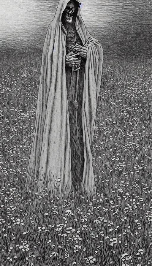 Image similar to grim reaper with no face at distance in beautiful meadow of flowers, detailed pencil illustration by gustave dore, highly detailed, centered, high resolution, smooth, sharp focus, illustration