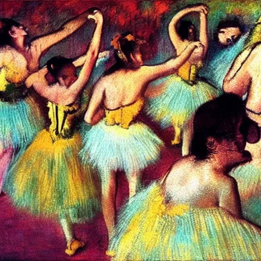 Image similar to latin dance band in the style of degas. lively. colorful. hd.