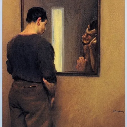 Prompt: a man looking at a mirror depressed, frank frazetta