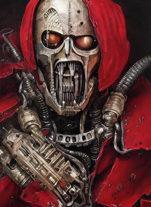 Image similar to portrait of rotten Nicolas Cage as adeptus mechanicus in red hood and robe from Warhammer 40000. Highly detailed, artstation, illustration by and John Blanche and zdislav beksinski and wayne barlowe