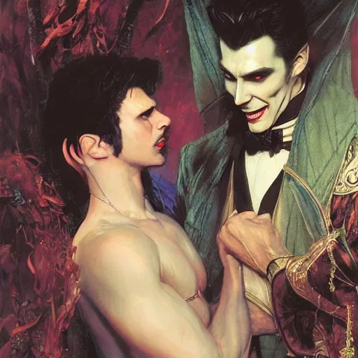 Image similar to attractive male fairy of the forest confesses his love to attractive male dracula the vampire. highly detailed painting by gaston bussiere, craig mullins, j. c. leyendecker 8 k