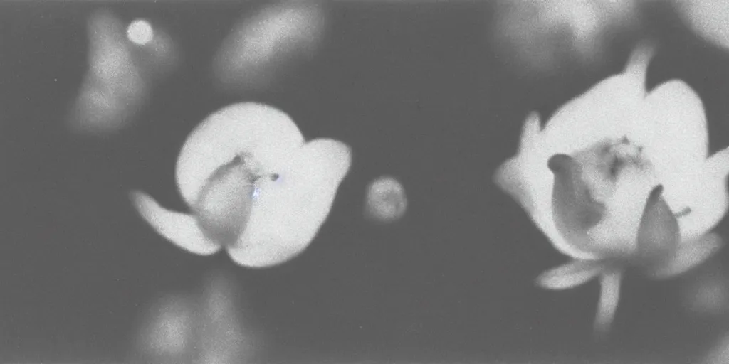 Prompt: close up photography of edelweiss moon flower, 1. 2 f, 3 5 mm, dark, eerie, 1 9 2 0 s ghost photography