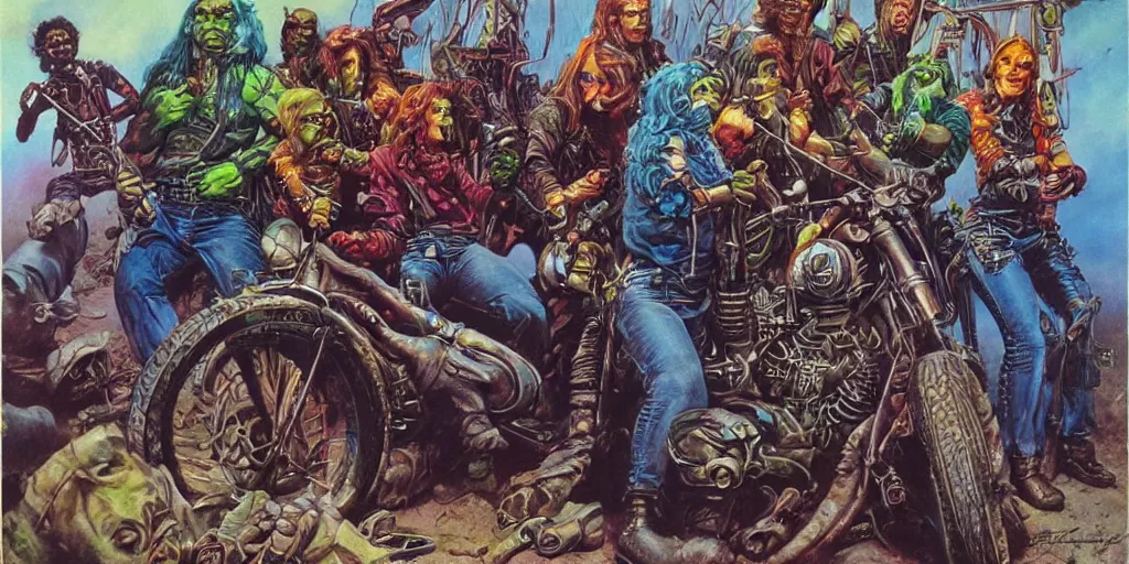 Image similar to psychedelic post apocalyptic orcish biker gang, sharp focus, psychedelic colors, boris vallejo, michael whelan