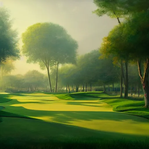 Prompt: Concept art, beautiful painting of a golf course in the midst of metropolis city, green spaces, 8k, Jeremy Cheung, greg rutkowski, artstation