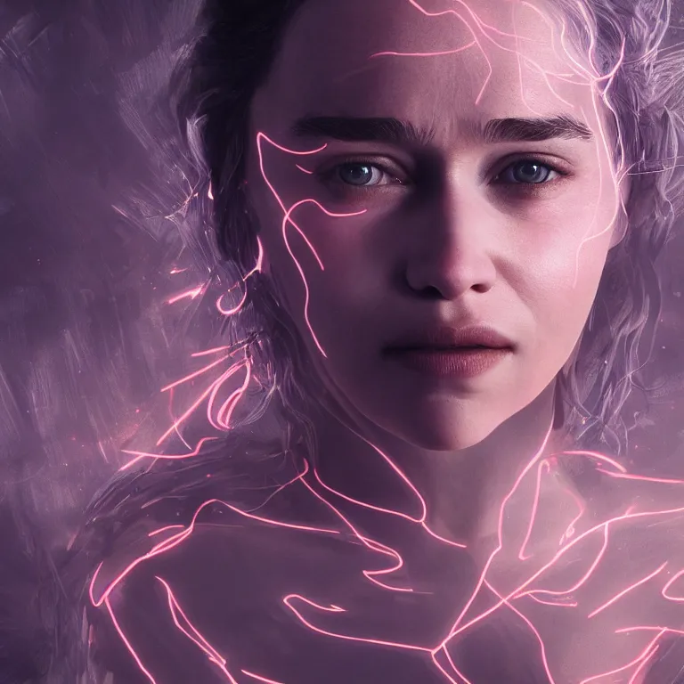 Prompt: emilia clarke covered in glowing lines, concept art, fantasy, extremely high detail, photorealism, octane render, 8 k