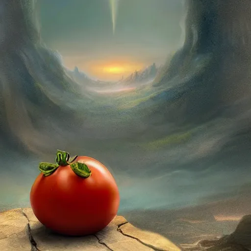 Image similar to a beautiful matte painting of a very sad tomato in a fantasy landscape, by steve argyle and mark arian