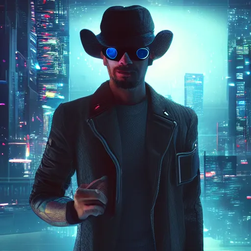 Prompt: a man wearing a hat from the future, cyberpunk background, highly detailed, epic lighting, 8 k