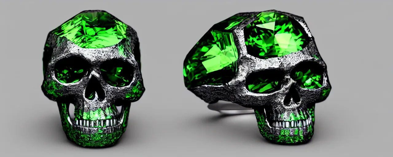 Prompt: simple magic crystal ring of poison, radiant cut, skull, skulls, green, black, purple. smooth shank, setting, prongs, crystal, engravings, diamonds, product design, jewelry, gold, silver, colorful, art by gerald brom, greg rutkowski and artgerm, photo realism, unreal engine, c 4 d